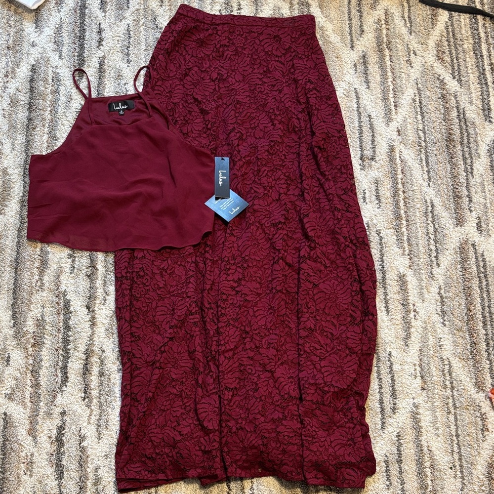 Lulu's Wine Lace Maxi Skirt with Cropped Tank